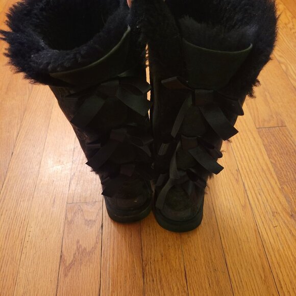 UGG 5 Black Suede Leather Sheepskin BAILEY BOW II Tall Boots - Picture 8 of 10
